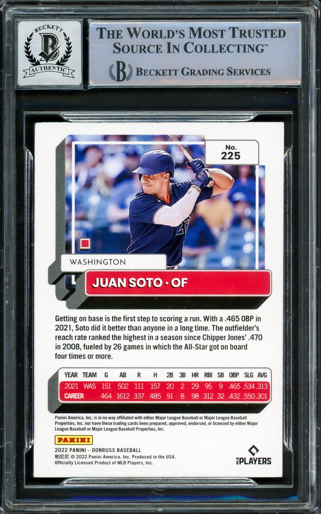 Juan Soto Autographed 2022 Donruss Card #225 Washington Nationals Auto Grade Gem Mint 10 Beckett BAS #16339469