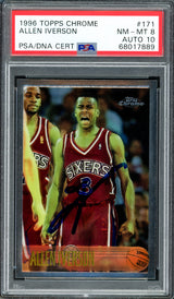 Allen Iverson Autographed 1996-97 Topps Chrome Rookie Card #171 Philadelphia 76ers PSA 8 Auto Grade Gem Mint 10 PSA/DNA #68017889