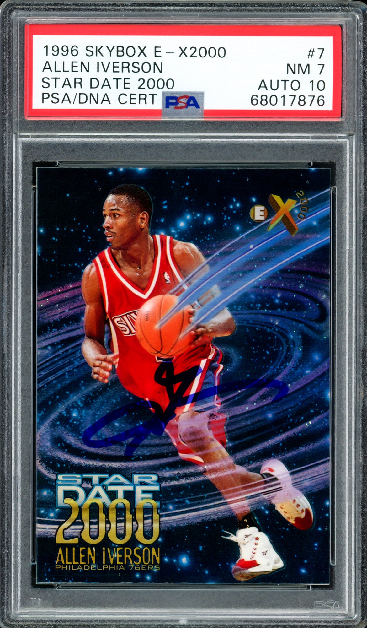 Allen Iverson Autographed 1996 Skybox E-X2000 Star Date 2000 Rookie Card #7 Philadelphia 76ers PSA 7 Auto Grade Gem Mint 10 PSA/DNA #68017876