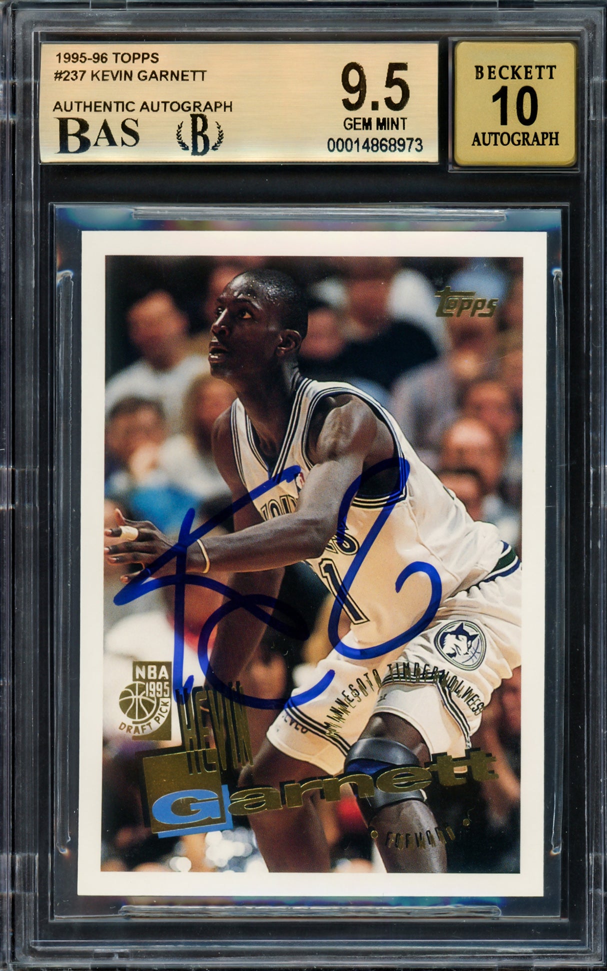 Kevin Garnett Autographed 1995-96 Topps Rookie Card #237 Minnesota Timberwolves BGS 9.5 Auto Grade Gem Mint 10 Beckett BAS #14868973