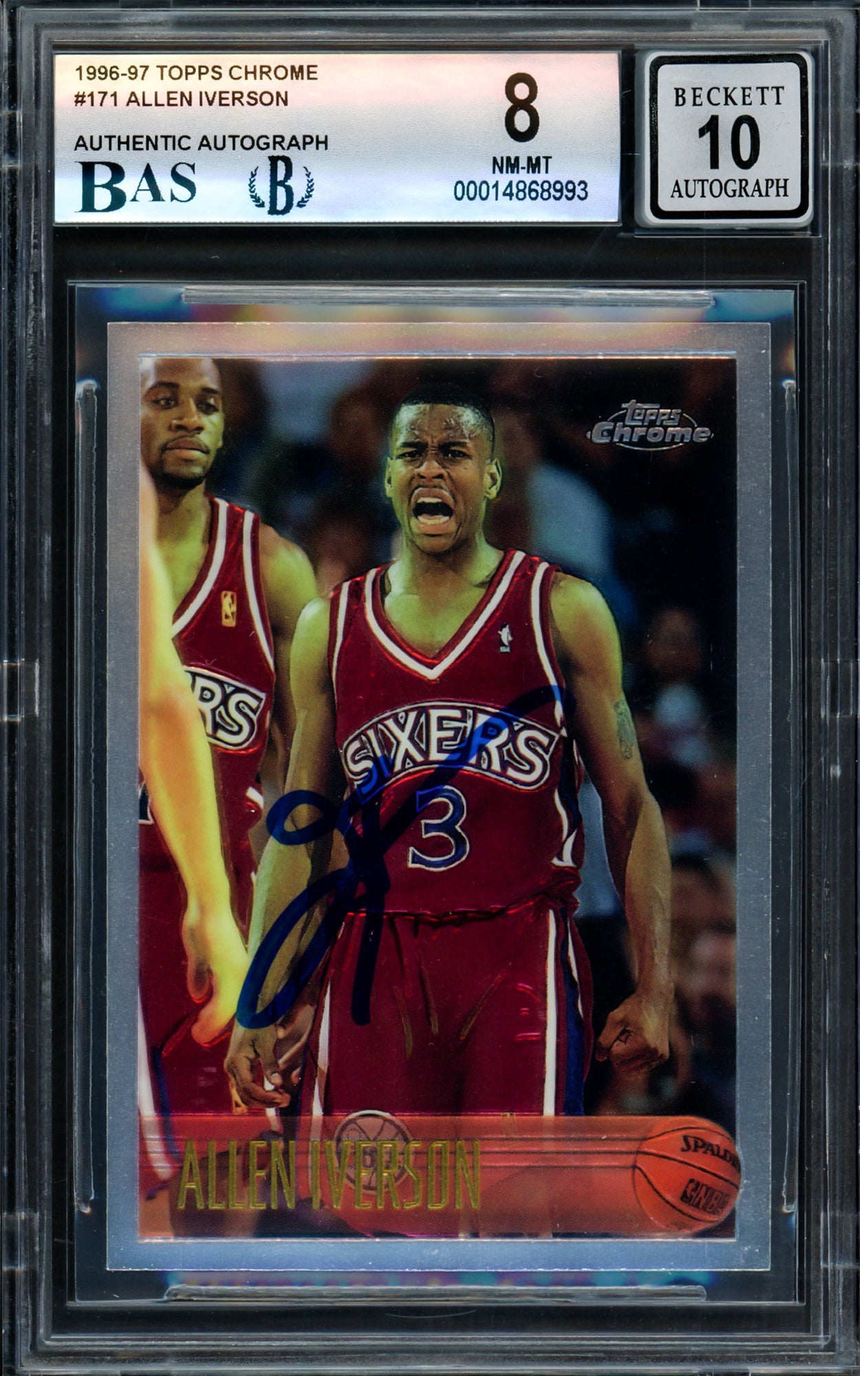 Allen Iverson Autographed 1996-97 Topps Chrome Rookie Card #171 Philadelphia 76ers BGS 8 Auto Grade Gem Mint 10 Beckett BAS #14868993