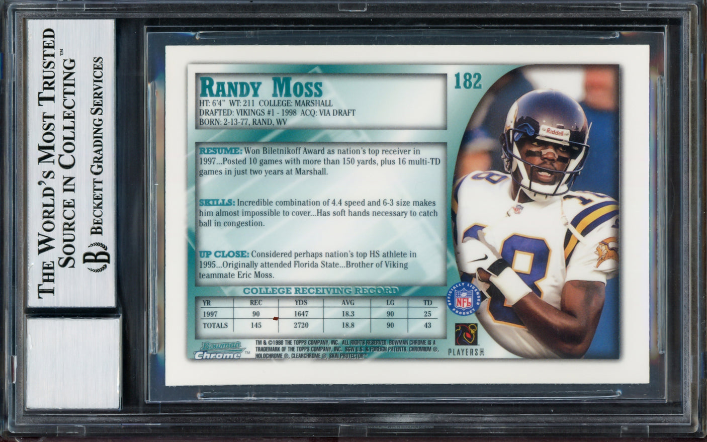 Randy Moss Autographed 1998 Bowman Chrome Rookie Card #182 Minnesota Vikings Auto Grade Gem Mint 10 Beckett BAS #12561051