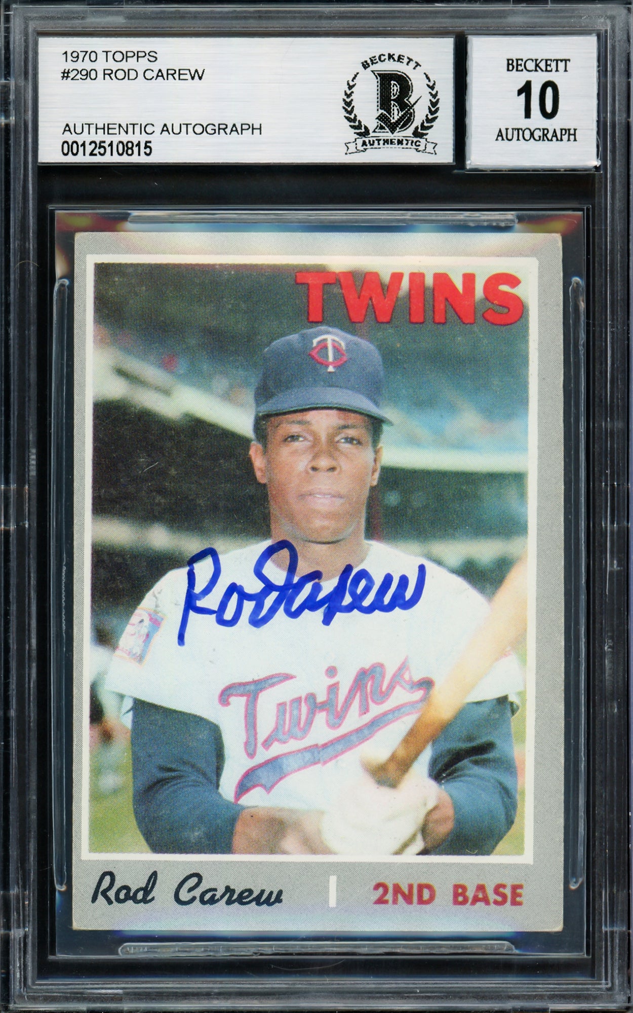 Rod Carew Autographed 1970 Topps Card #290 Minnesota Twins Auto Grade Gem Mint 10 (Miscut) Beckett BAS #12510815