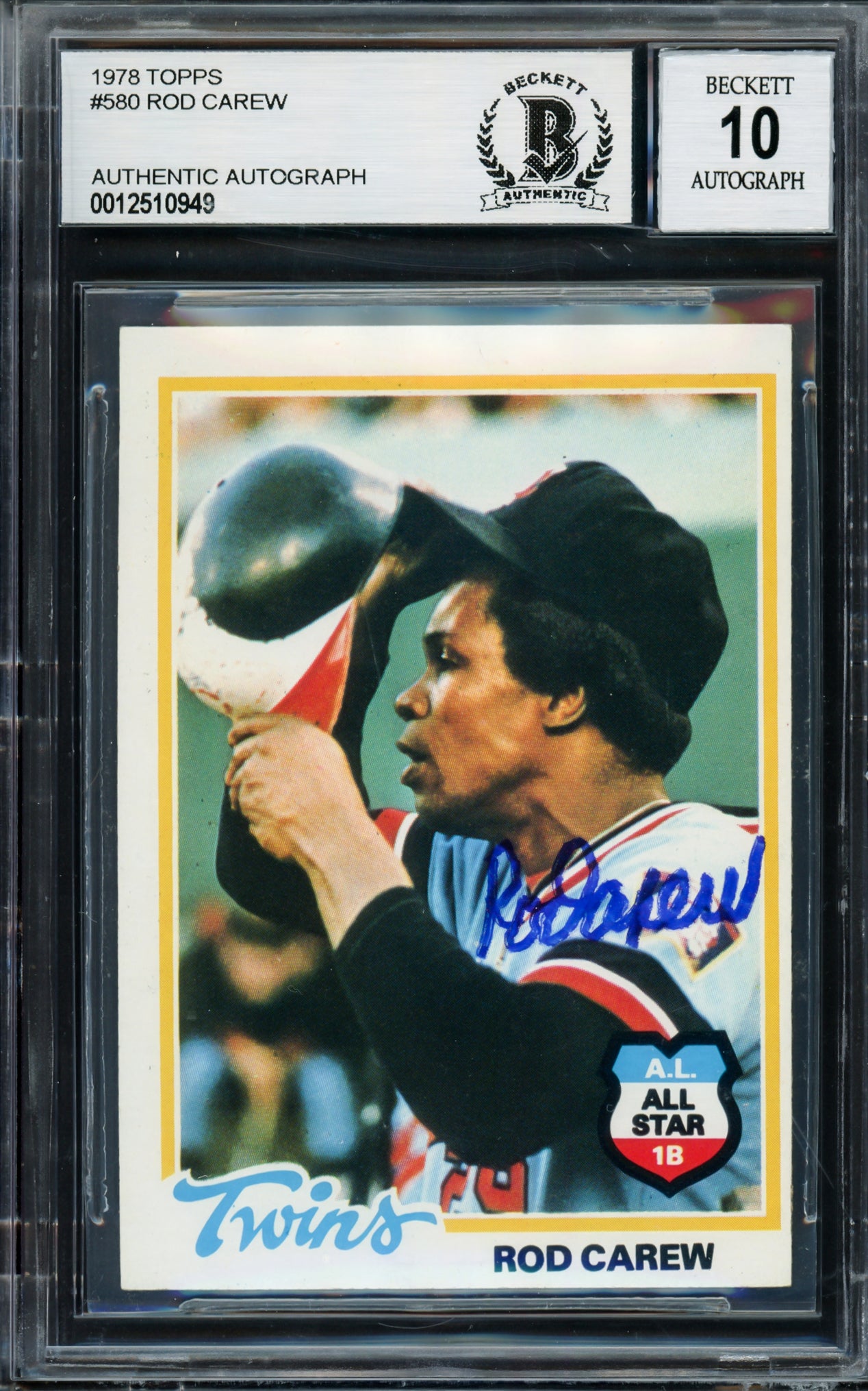 Rod Carew Autographed 1978 Topps Card #580 Minnesota Twins Auto Grade Gem Mint 10 (Miscut) Beckett BAS #12510949