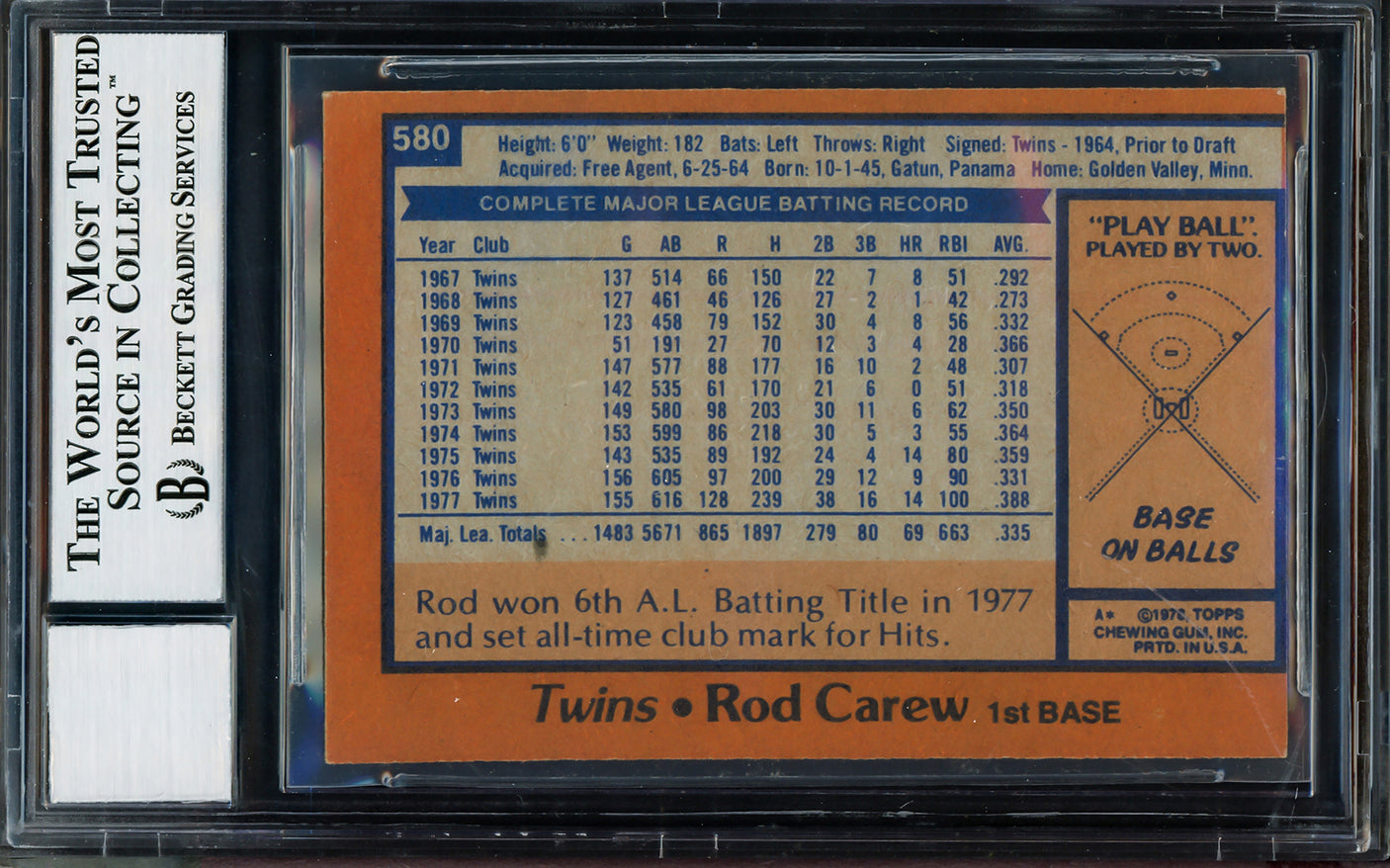 Rod Carew Autographed 1978 Topps Card #580 Minnesota Twins Auto Grade Gem Mint 10 (Miscut) Beckett BAS #12510949