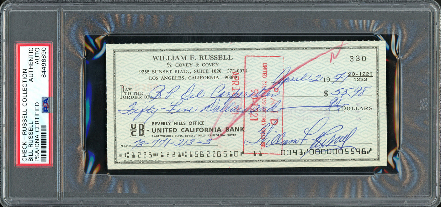 Bill Russell Autographed 3x6 Check Boston Celtics PSA/DNA #84496890