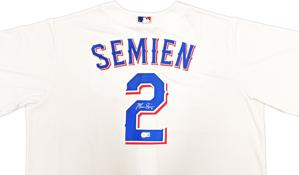 Texas Rangers Marcus Semien Autographed White Nike Jersey Size 2XLT Beckett BAS Witness Stock #236691