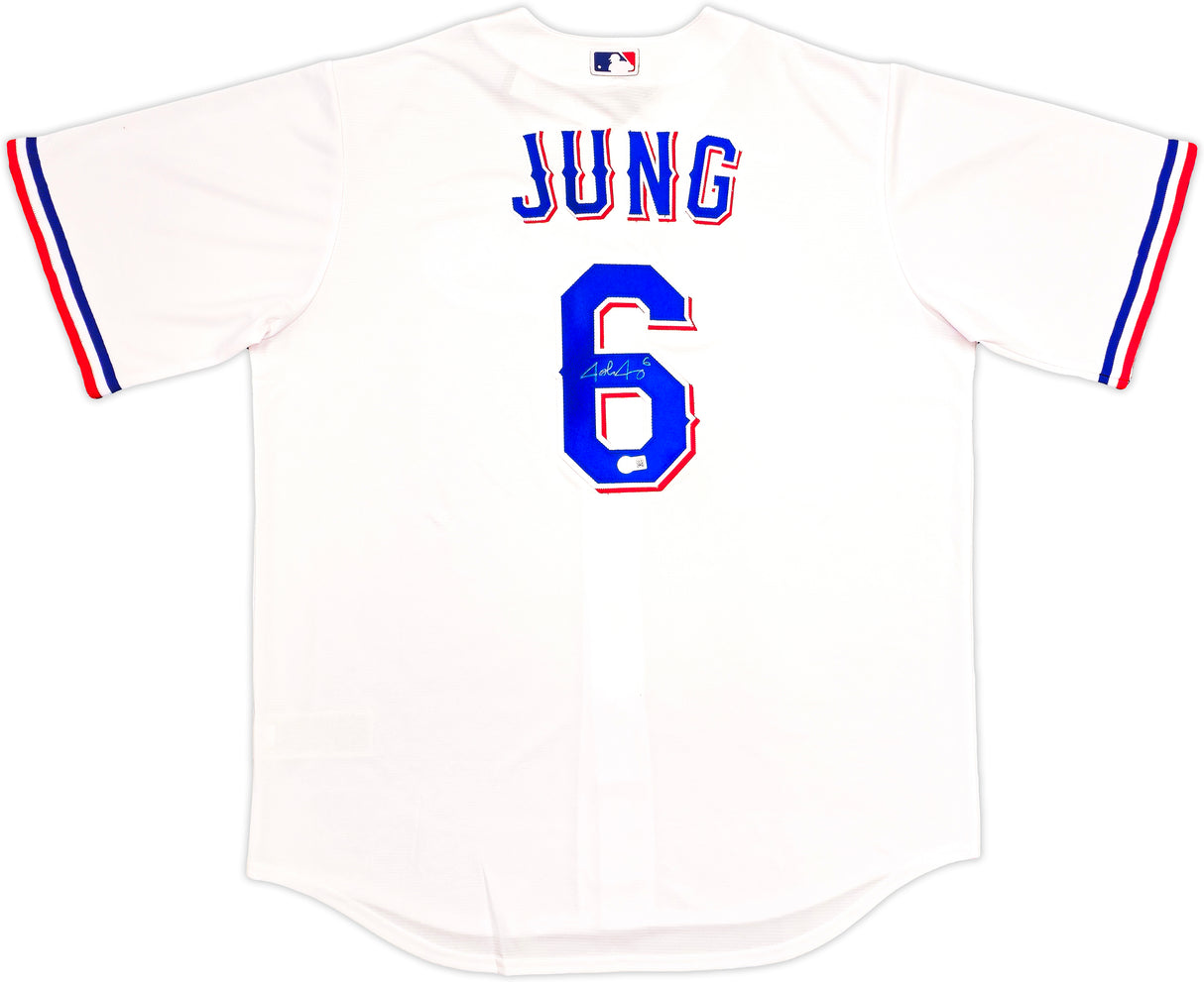 Texas Rangers Josh Jung Autographed White Nike Jersey Size XLT Beckett BAS Witness Stock #236688