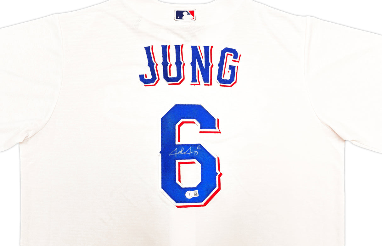 Texas Rangers Josh Jung Autographed White Nike Jersey Size XLT Beckett BAS Witness Stock #236688