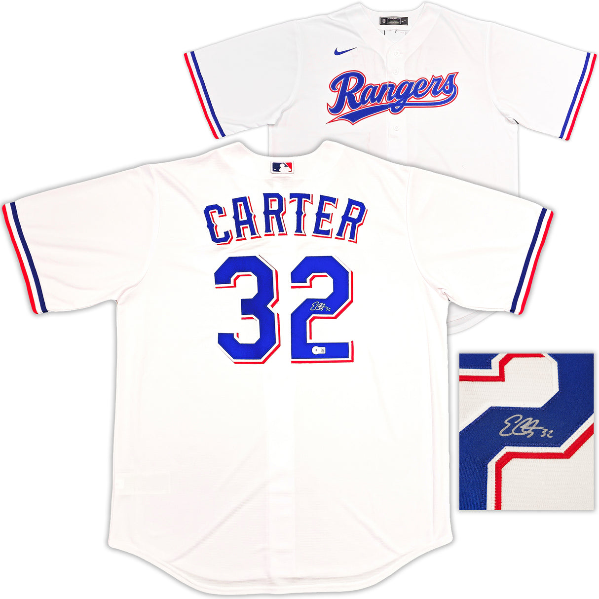 Texas Rangers Evan Carter Autographed White Nike Jersey Size XLT Beckett BAS Witness Stock #236693