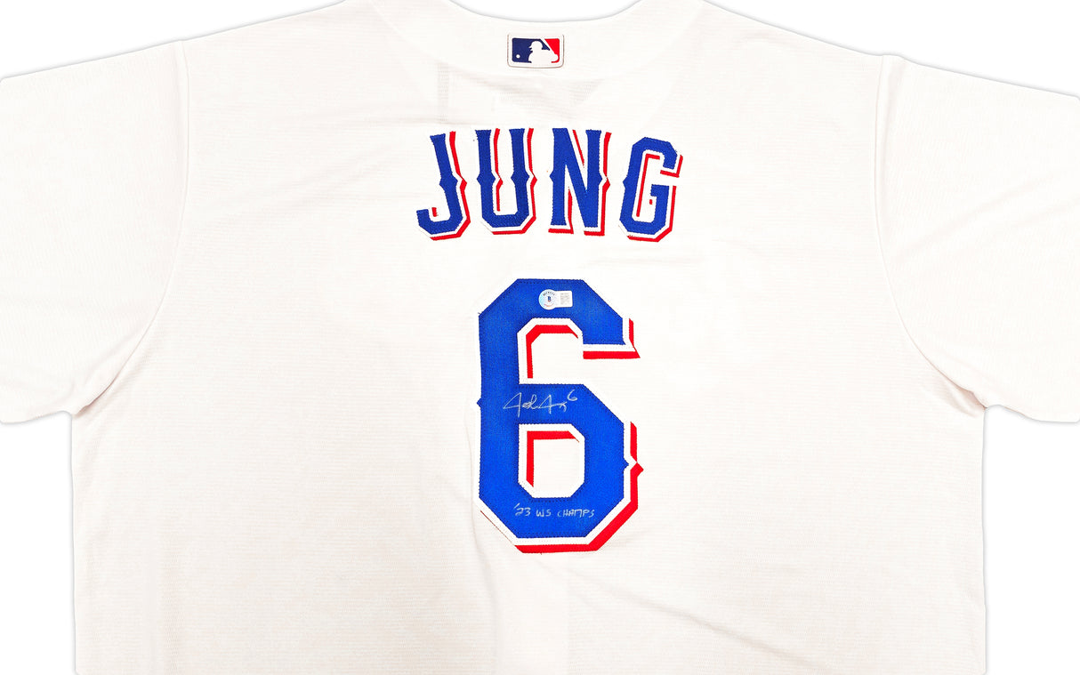 Texas Rangers Josh Jung Autographed White Nike Jersey Size 2XLT "23 WS Champs" Beckett BAS Witness Stock #236687