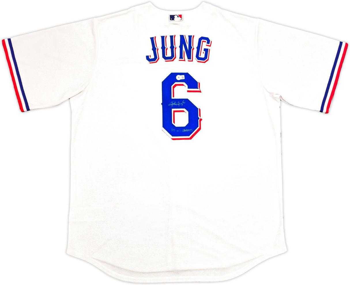 Texas Rangers Josh Jung Autographed White Nike Jersey Size XLT "23 WS Champs" Beckett BAS Witness Stock #236686