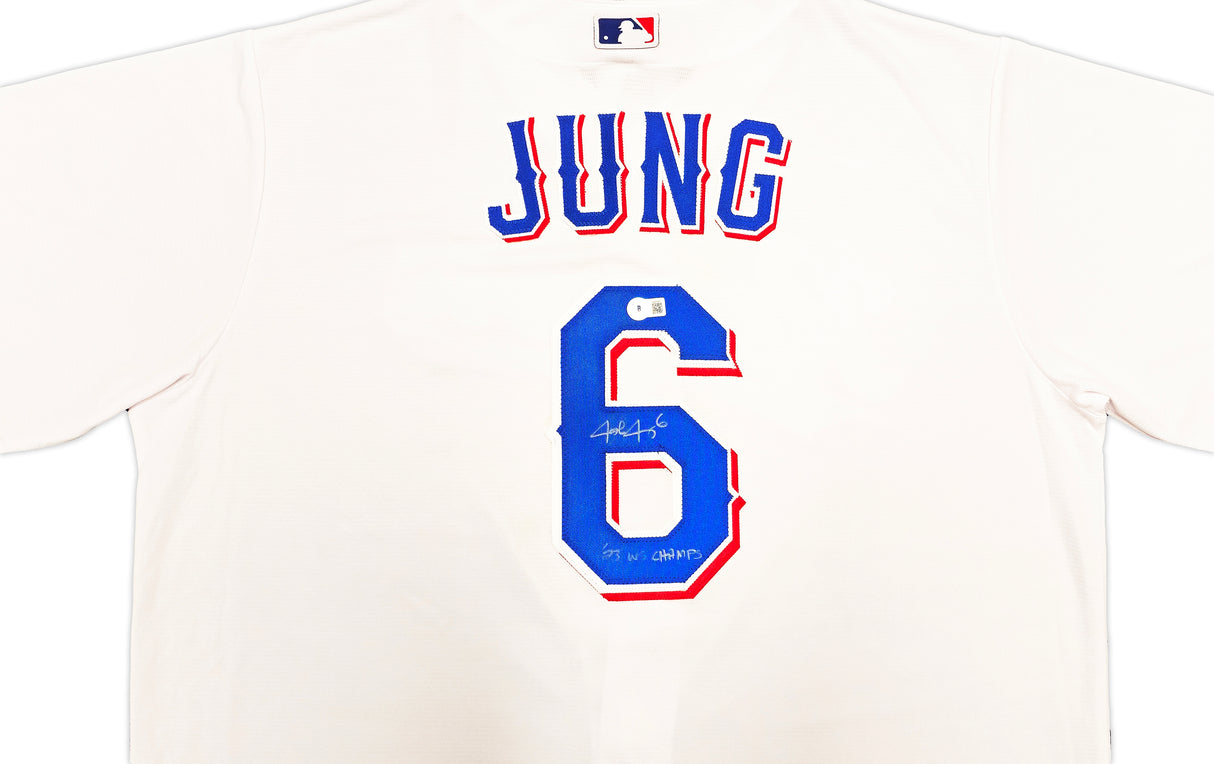 Texas Rangers Josh Jung Autographed White Nike Jersey Size XLT "23 WS Champs" Beckett BAS Witness Stock #236686