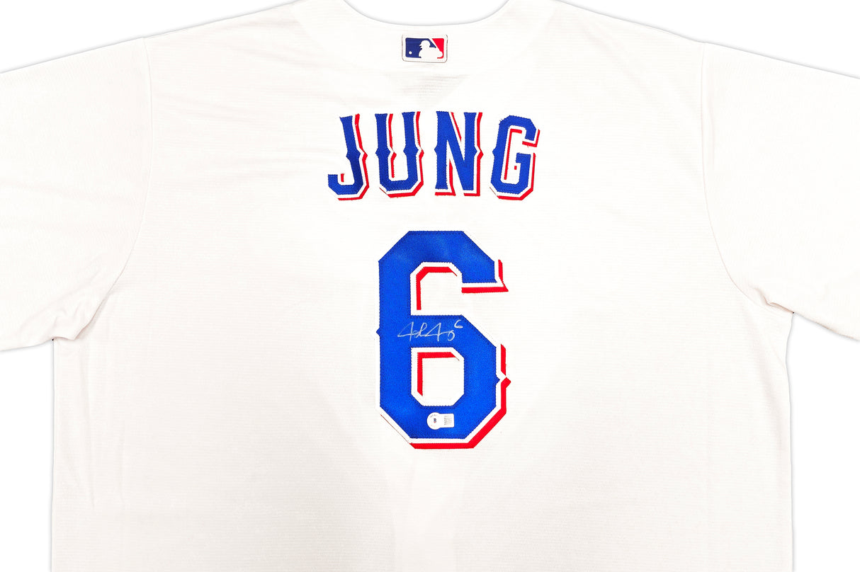 Texas Rangers Josh Jung Autographed White Nike Jersey Size 2XLT Beckett BAS Witness Stock #236689