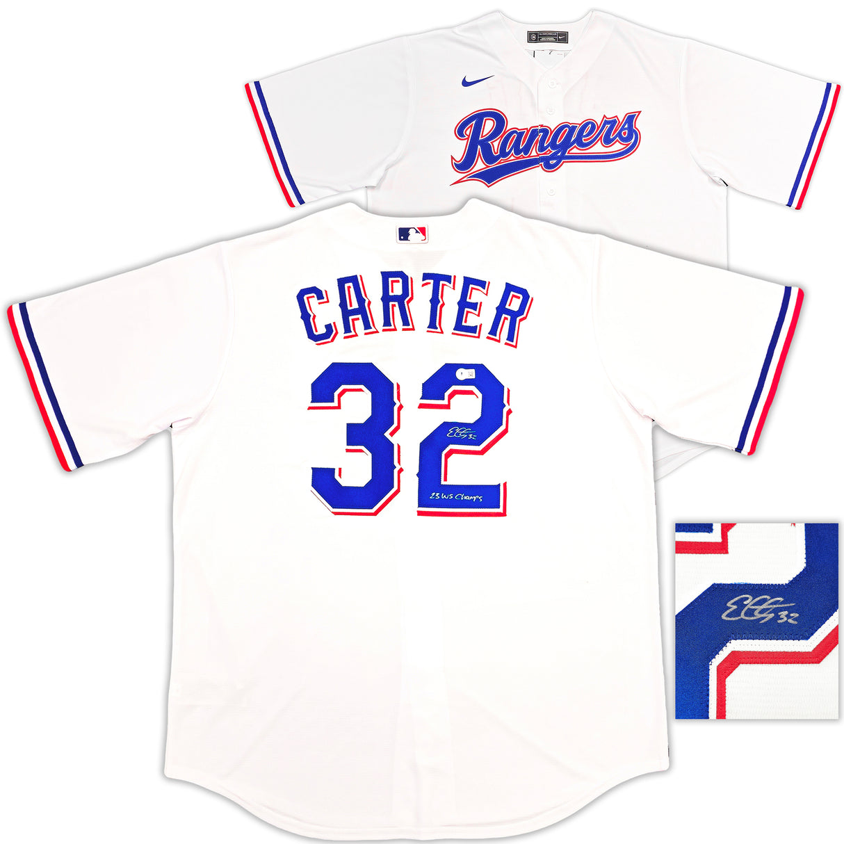 Texas Rangers Evan Carter Autographed White Nike Jersey Size XLT "23 WS Champs" Beckett BAS Witness Stock #236695