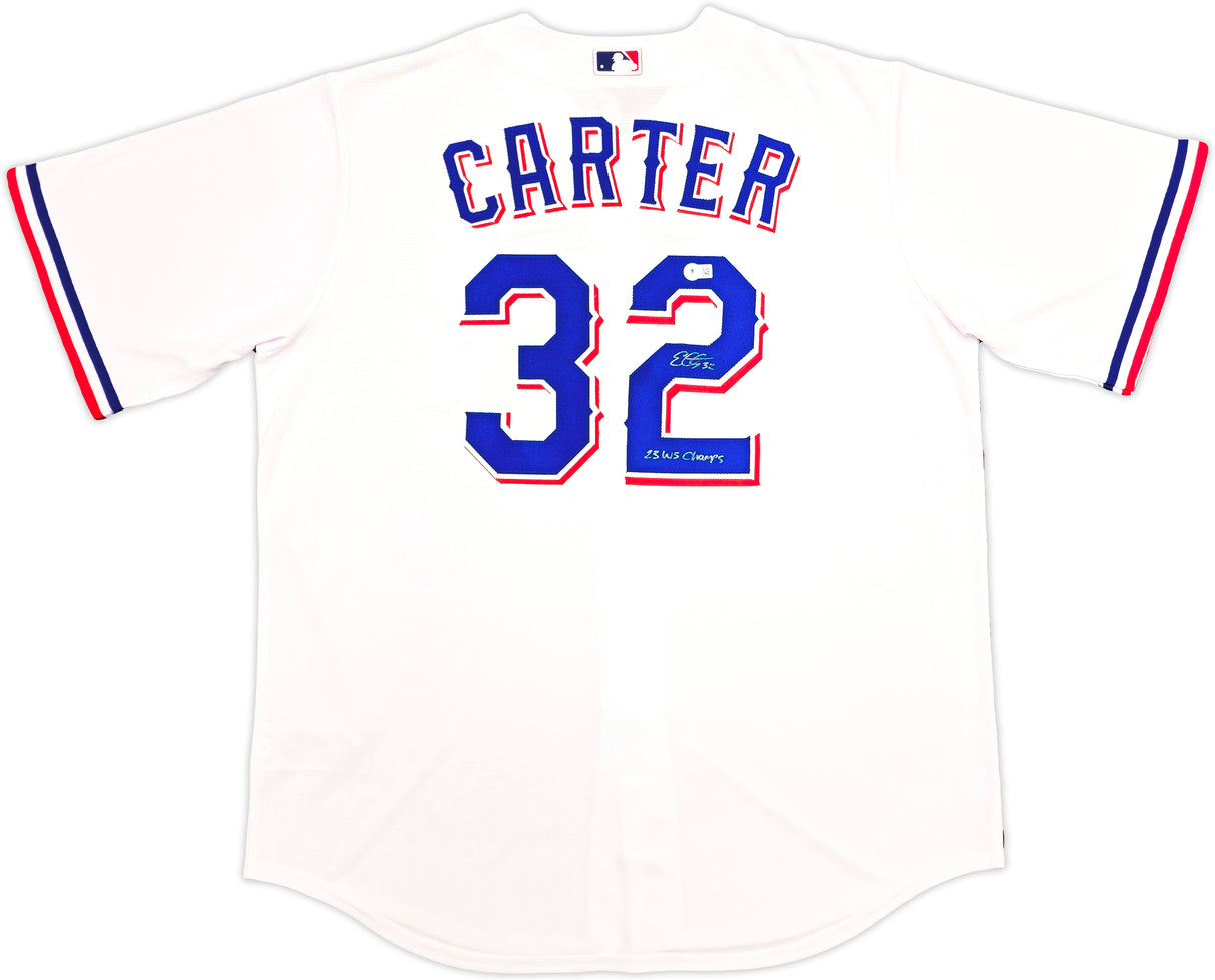 Texas Rangers Evan Carter Autographed White Nike Jersey Size XLT "23 WS Champs" Beckett BAS Witness Stock #236695