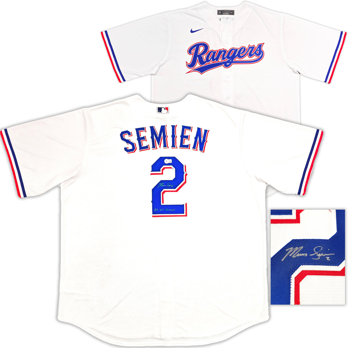 Texas Rangers Marcus Semien Autographed White Nike Jersey Size 2XLT "23 WS Champs" Beckett BAS Witness Stock #236690