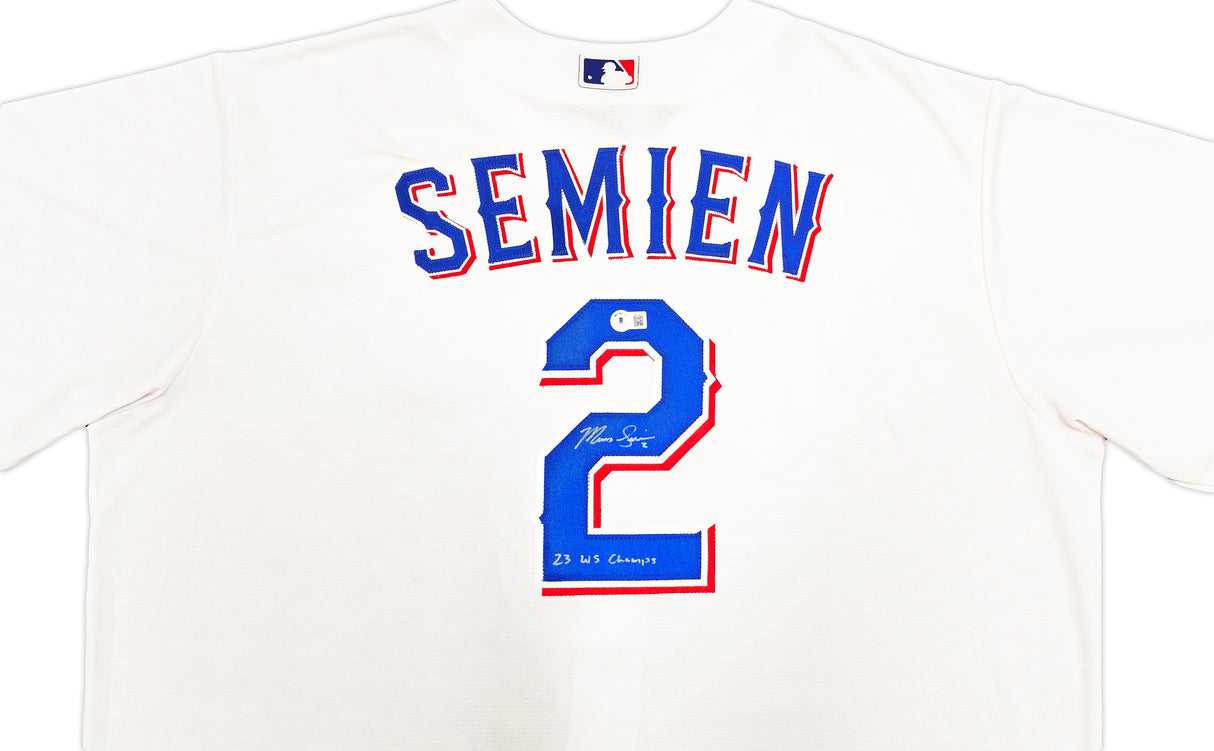 Texas Rangers Marcus Semien Autographed White Nike Jersey Size 2XLT "23 WS Champs" Beckett BAS Witness Stock #236690