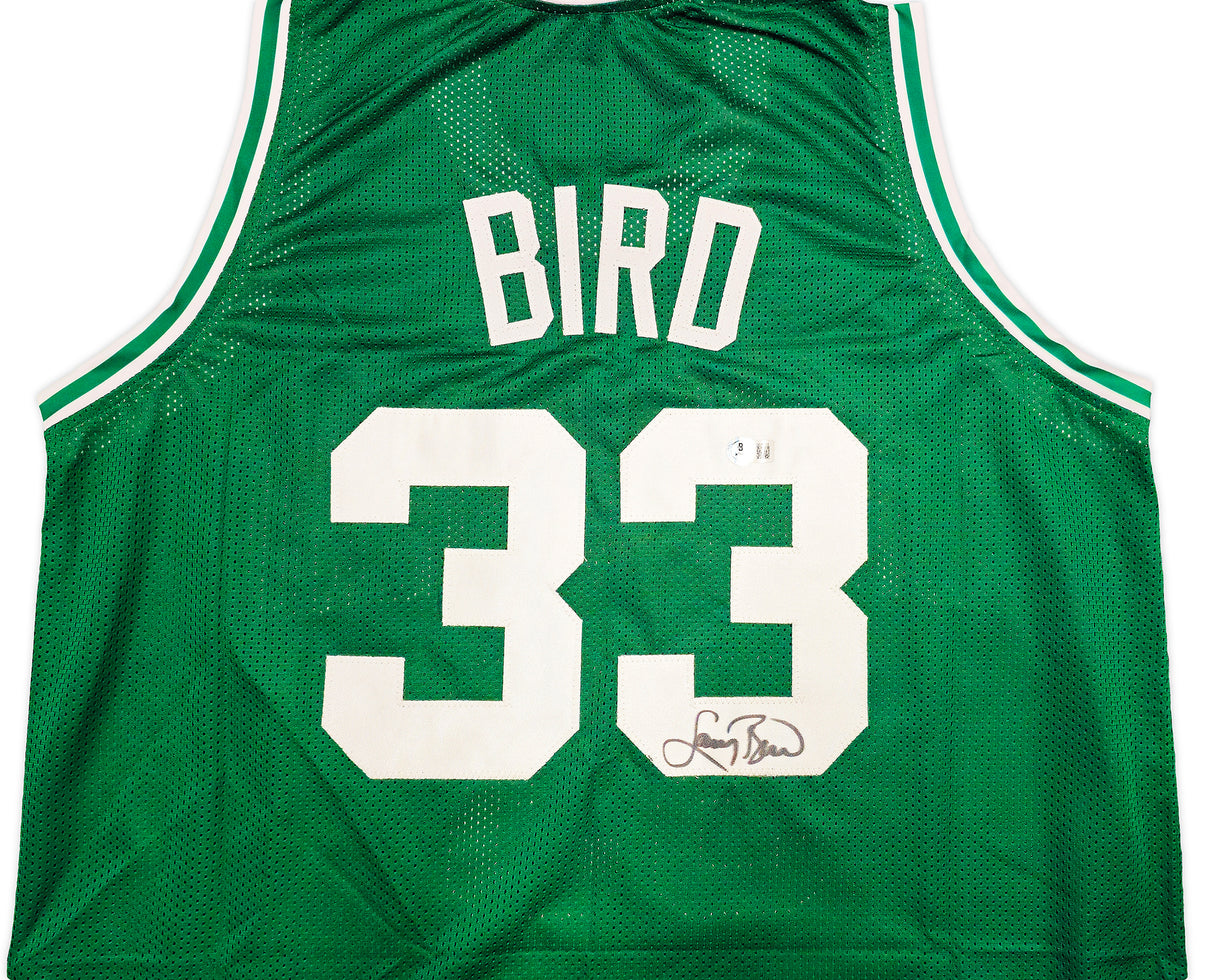 Boston Celtics Larry Bird Autographed Green Jersey Beckett BAS Witness Stock #236680