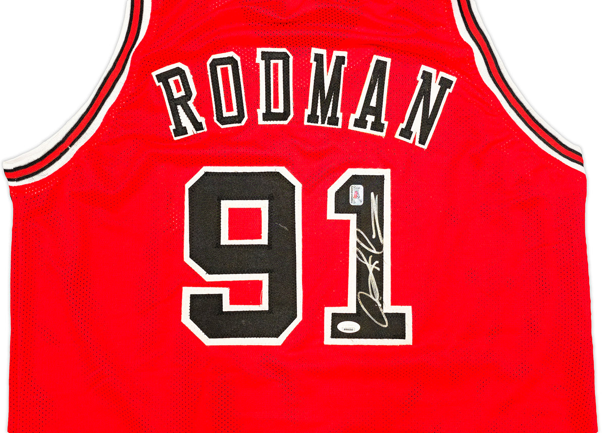 Chicago Bulls Dennis Rodman Autographed Red Jersey JSA Stock #237055