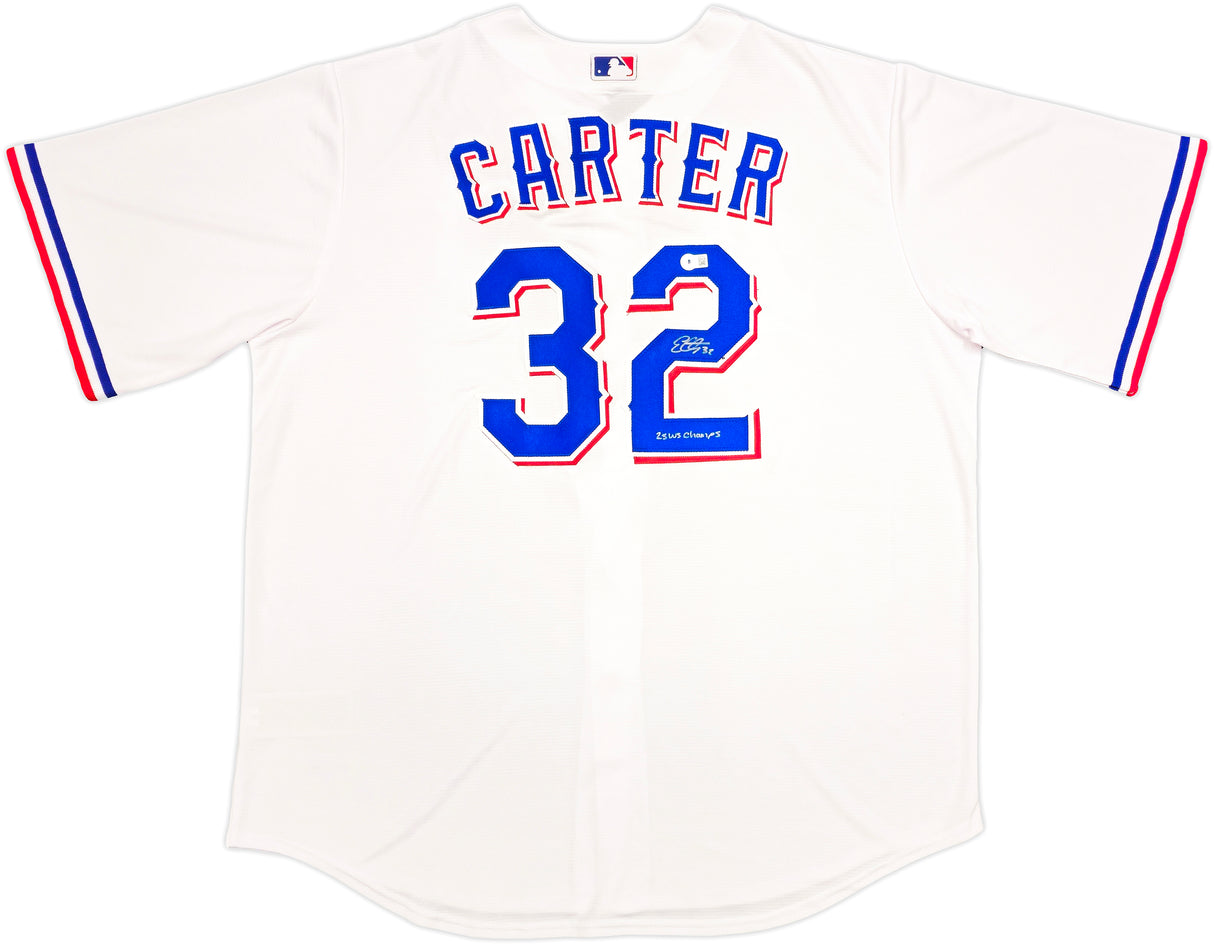 Texas Rangers Evan Carter Autographed White Nike Jersey Size 2XLT "23 WS Champs" Beckett BAS Witness Stock #236694