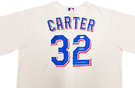 Texas Rangers Evan Carter Autographed White Nike Jersey Size 2XLT "23 WS Champs" Beckett BAS Witness Stock #236694