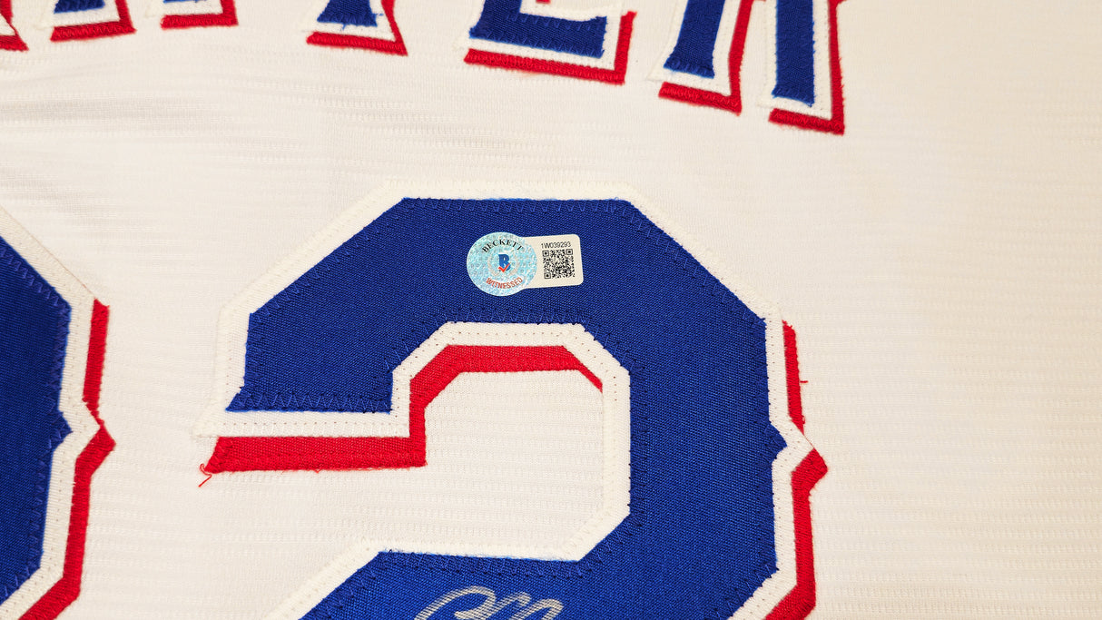 Texas Rangers Evan Carter Autographed White Nike Jersey Size 2XLT "23 WS Champs" Beckett BAS Witness Stock #236694