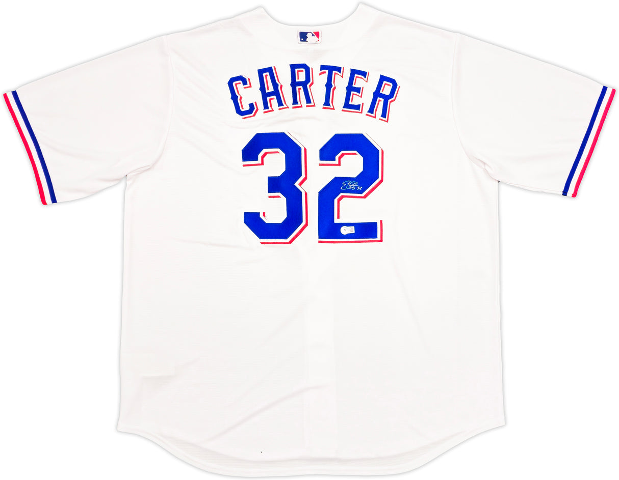 Texas Rangers Evan Carter Autographed White Nike Jersey Size 2XLT Beckett BAS Witness Stock #236692