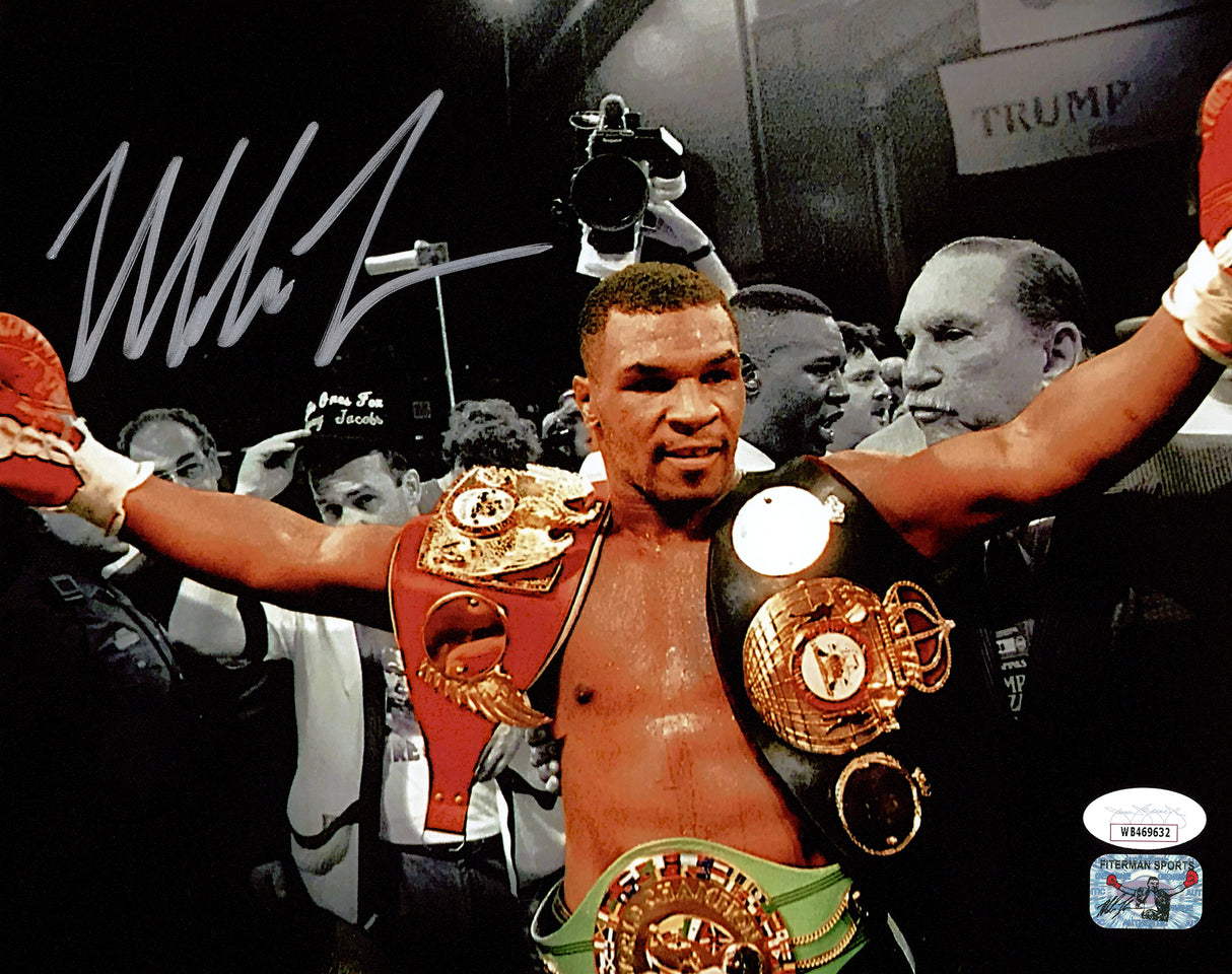 Mike Tyson Autographed 8x10 Photo Belts JSA Witness Stock #237634