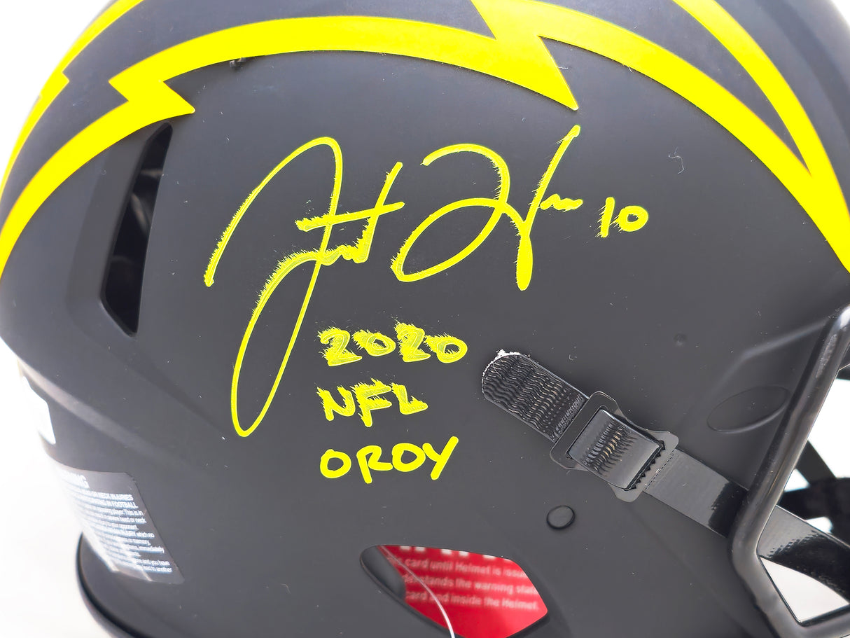 Justin Herbert Autographed Los Angeles Chargers Eclipse Black Full Size Authentic Speed Helmet "2020 NFL OROY" (Smudged) Beckett BAS Witness #WY19083