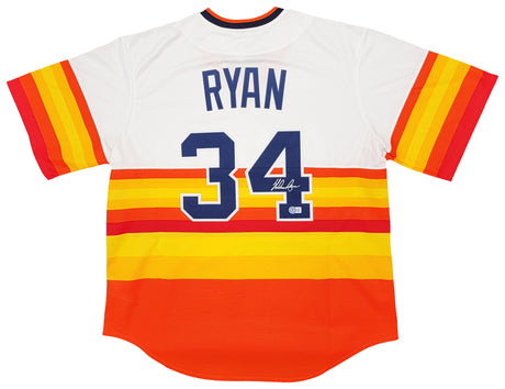 Houston Astros Nolan Ryan Autographed White & Orange/Yellow Stripes Nike Cooperstown Authentic Collection Jersey Size XL Beckett BAS QR Stock #211258