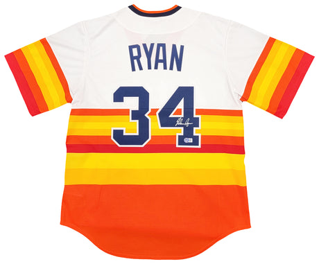 Houston Astros Nolan Ryan Autographed White & Orange/Yellow Stripes Nike Cooperstown Authentic Collection Jersey Size L Beckett BAS QR Stock #211257