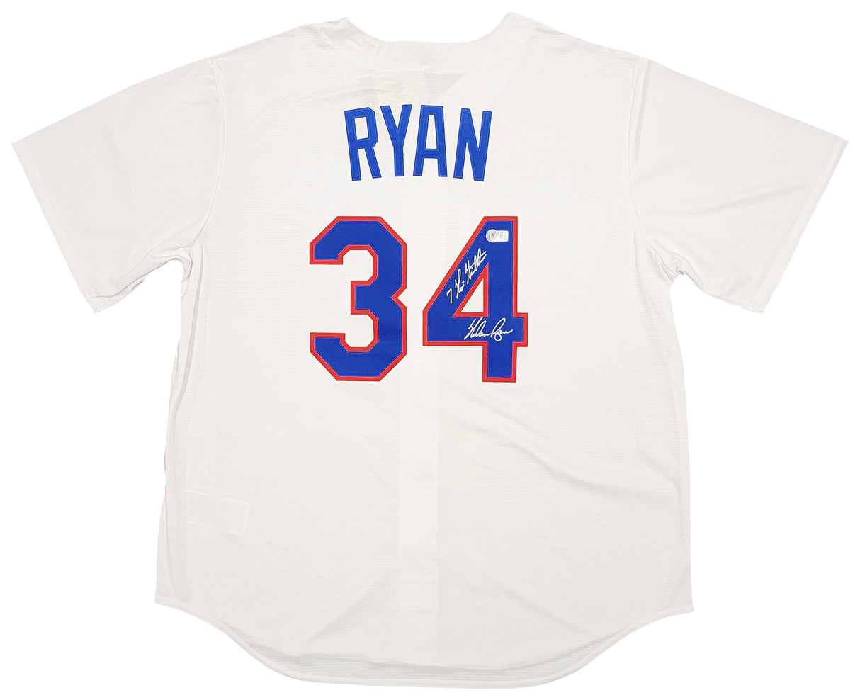 Texas Rangers Nolan Ryan Autographed White Nike Cooperstown Authentic Collection Jersey Size XL " 7 No-Hitters " Beckett BAS QR Stock #211254