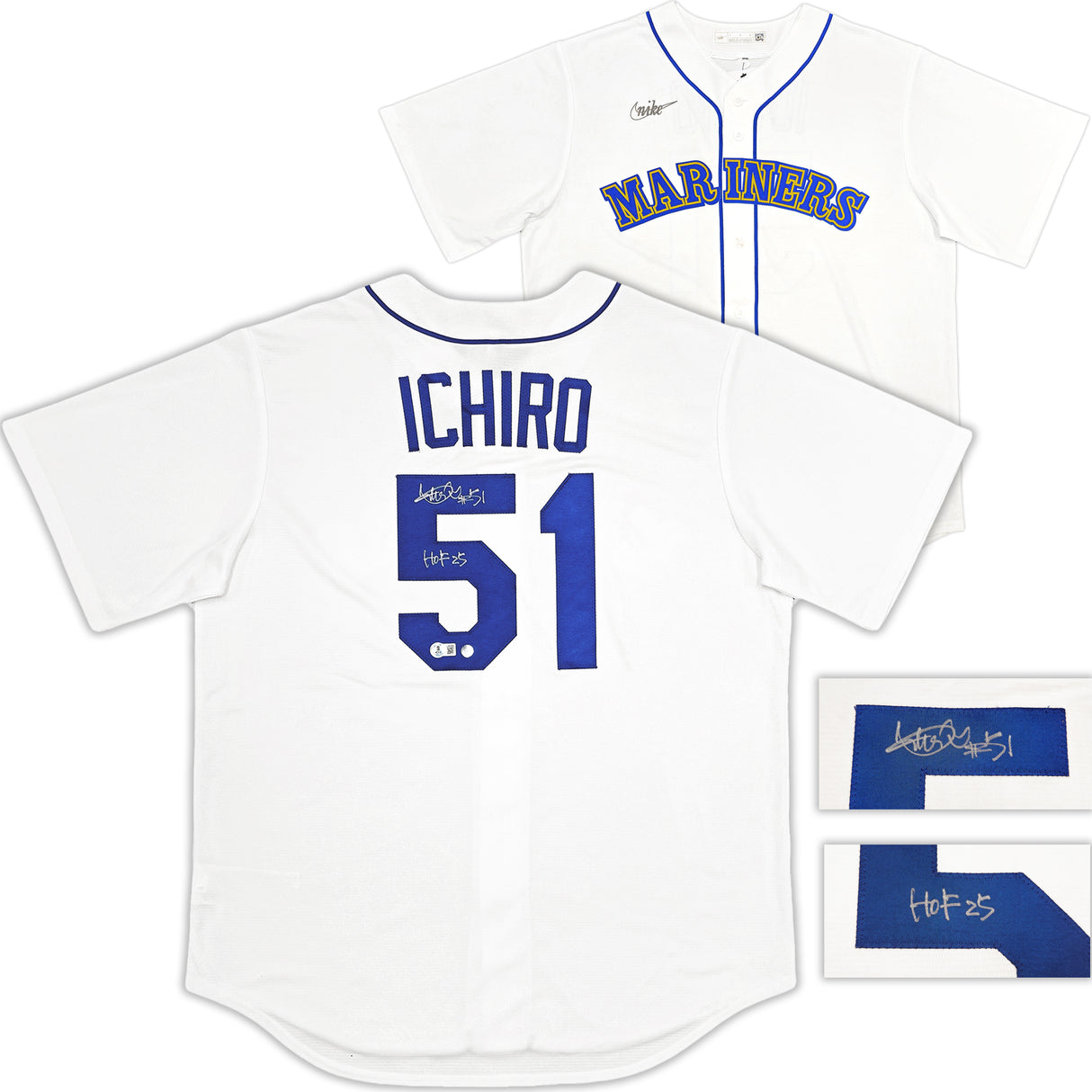 Seattle Mariners Ichiro Suzuki Autographed White Nike Cooperstown Collection Jersey Size L "HOF 25" IS Holo & Beckett BAS Witness QR Stock #238317