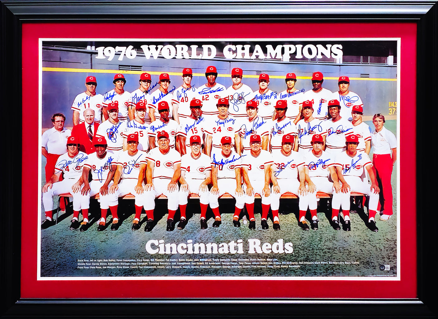 1976 Cincinnati Reds Big Red Machine Team Autographed Framed 24x36 Poster With 27 Signatures Including Johnny Bench & Pete Rose Beckett BAS Stock #223770