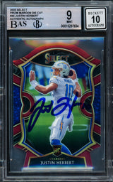 Justin Herbert Autographed 2020 Select Prizm Maroon Die Cut Rookie Card #44 Los Angeles Chargers BGS 9 Auto Grade Gem Mint 10 Beckett BAS #15297634