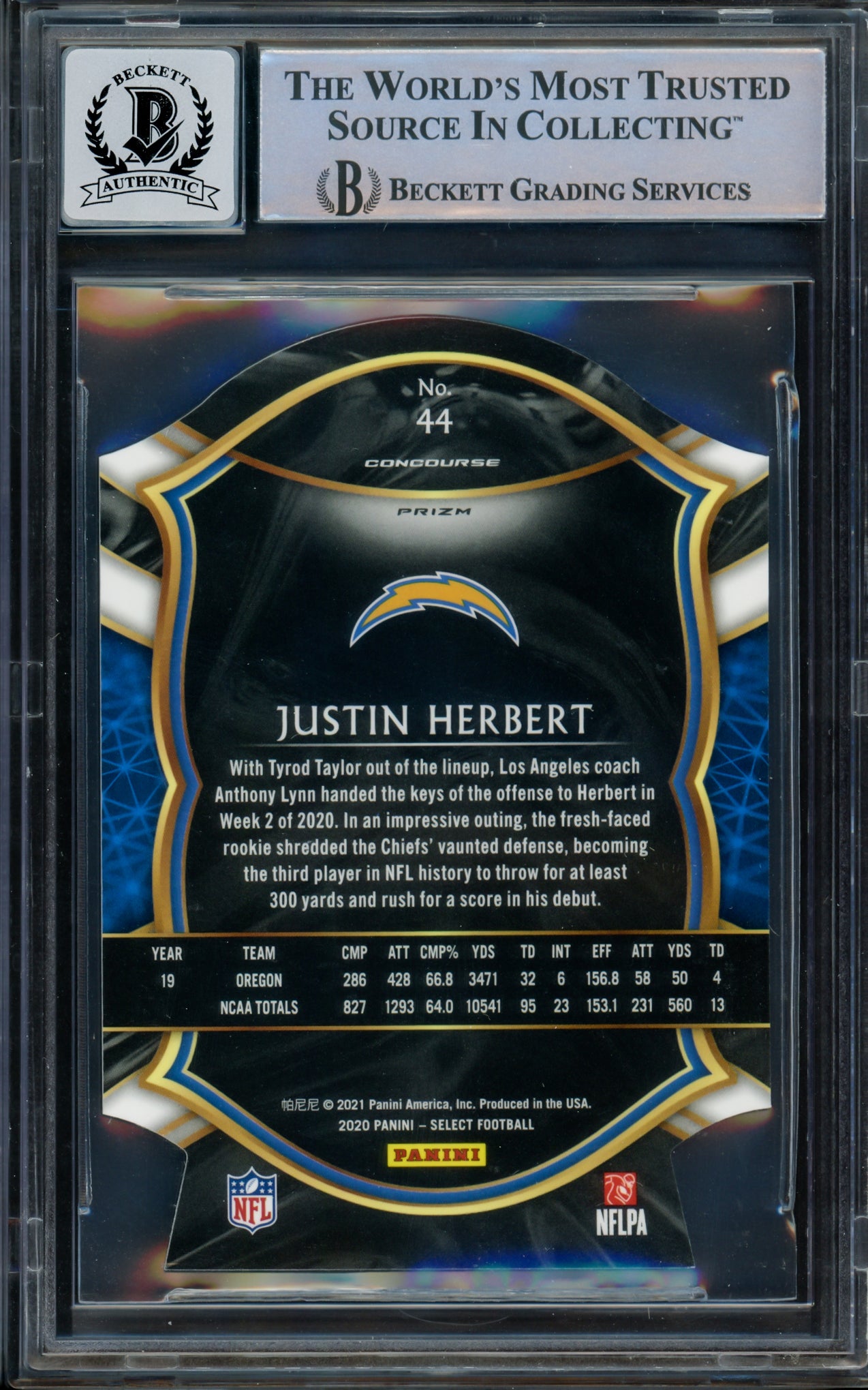 Justin Herbert Autographed 2020 Select Prizm Maroon Die Cut Rookie Card #44 Los Angeles Chargers Auto Grade Gem Mint 10 Beckett BAS #15297959