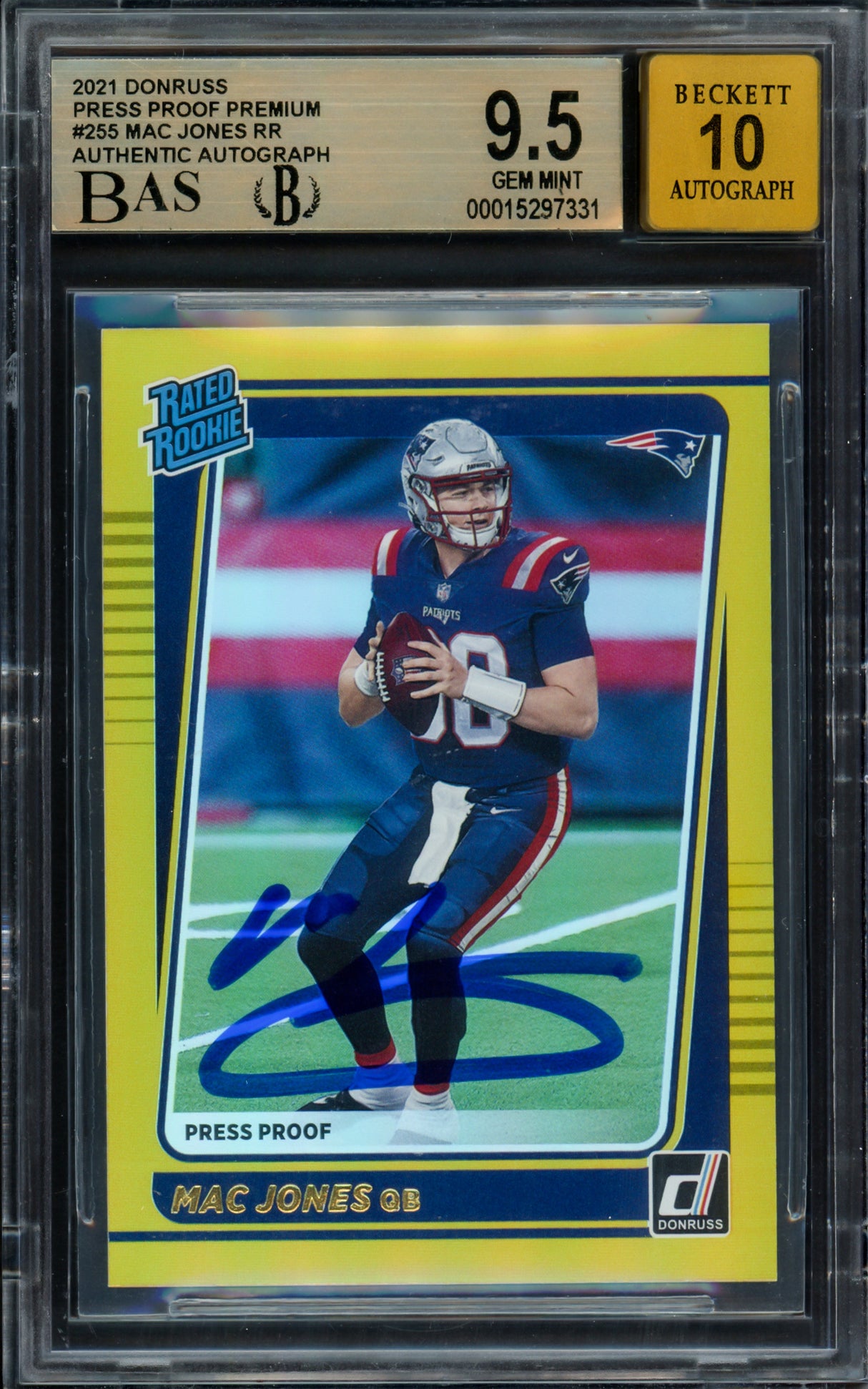 Mac Jones Autographed 2021 Donruss Gold Press Proof Premium Rookie Card #255 New England Patriots BGS 9.5 Auto Grade Gem Mint 10 Beckett BAS #15297331