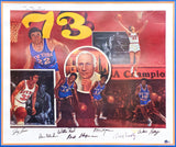 1973 NBA Champion New York Knicks Team Autographed Framed 24x30 Lithograph Photo With 7 Signatures Including Willis Reed & Jerry Lucas, Artist Signed Beckett BAS #AC94183