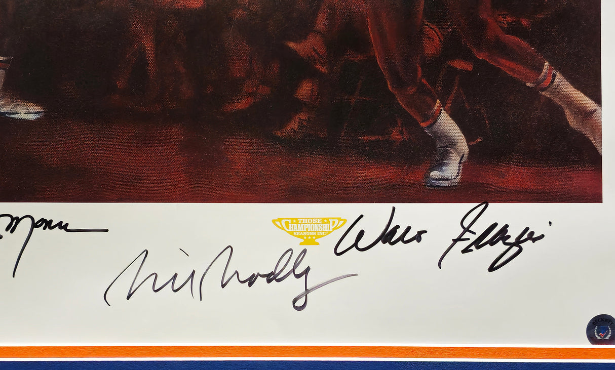 1973 NBA Champion New York Knicks Team Autographed Framed 24x30 Lithograph Photo With 7 Signatures Including Willis Reed & Jerry Lucas, Artist Signed Beckett BAS #AC94183