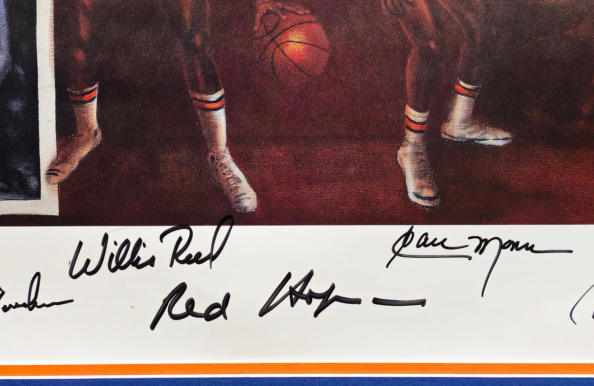 1973 NBA Champion New York Knicks Team Autographed Framed 24x30 Lithograph Photo With 7 Signatures Including Willis Reed & Jerry Lucas, Artist Signed Beckett BAS #AC94183