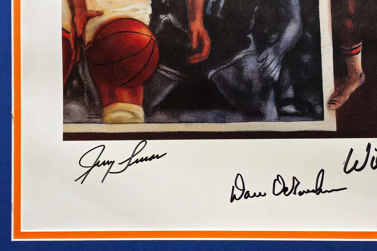 1973 NBA Champion New York Knicks Team Autographed Framed 24x30 Lithograph Photo With 7 Signatures Including Willis Reed & Jerry Lucas, Artist Signed Beckett BAS #AC94183