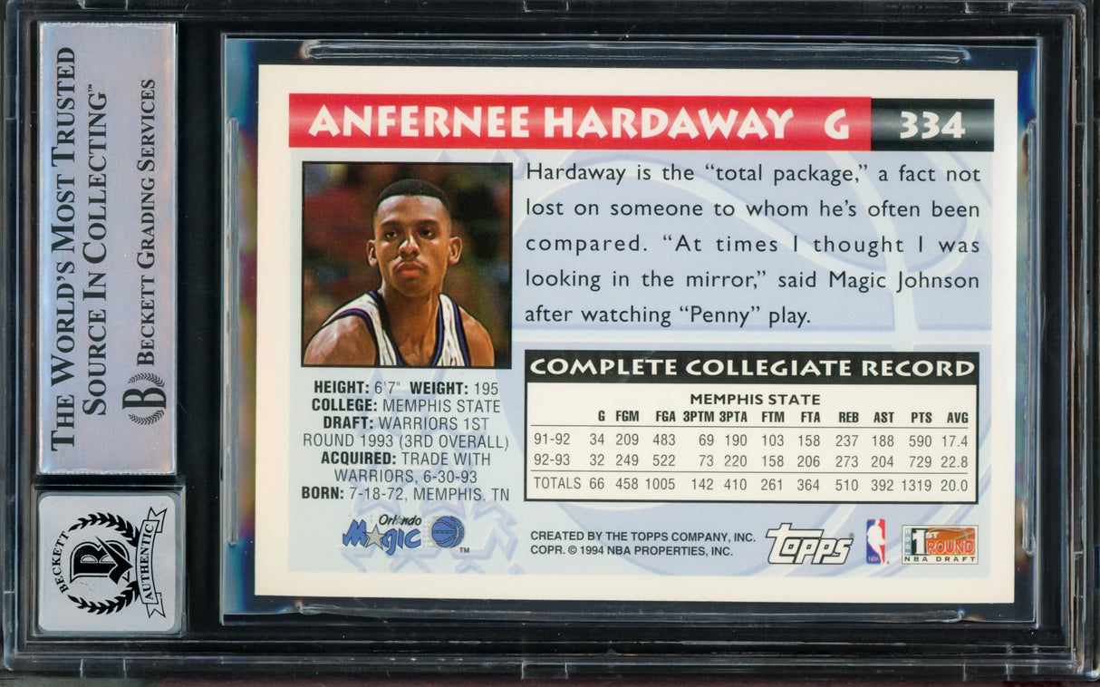 Anfernee Hardaway Autographed 1993-94 Topps Rookie Card #334 Orlando Magic Auto Grade Gem Mint 10 Beckett BAS Stock #211051