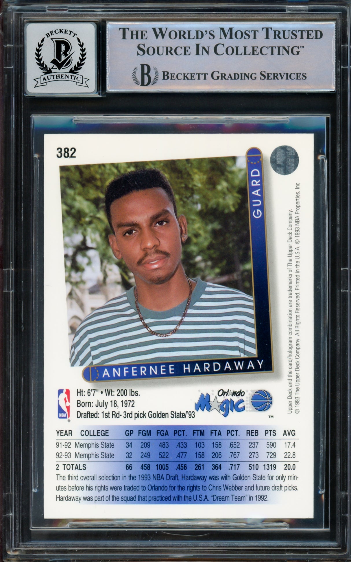 Anfernee Hardaway Autographed 1993-94 Upper Deck Rookie Card #382 Orlando Magic Auto Grade Gem Mint 10 Beckett BAS Stock #211053