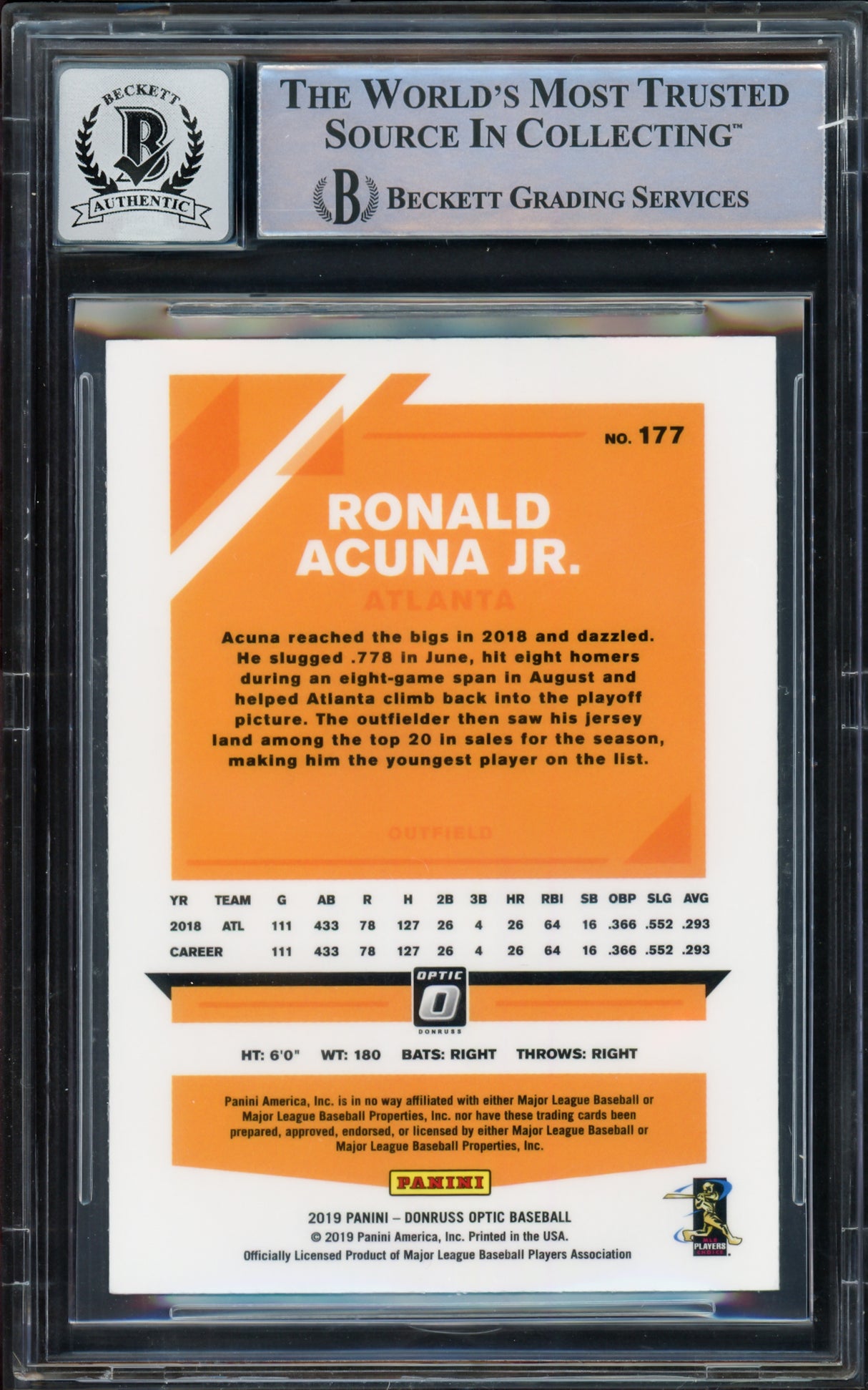 Ronald Acuna Jr. Autographed 2019 Donruss Optic Card #177 Atlanta Braves Auto Grade Gem Mint 10 Beckett BAS #16167589