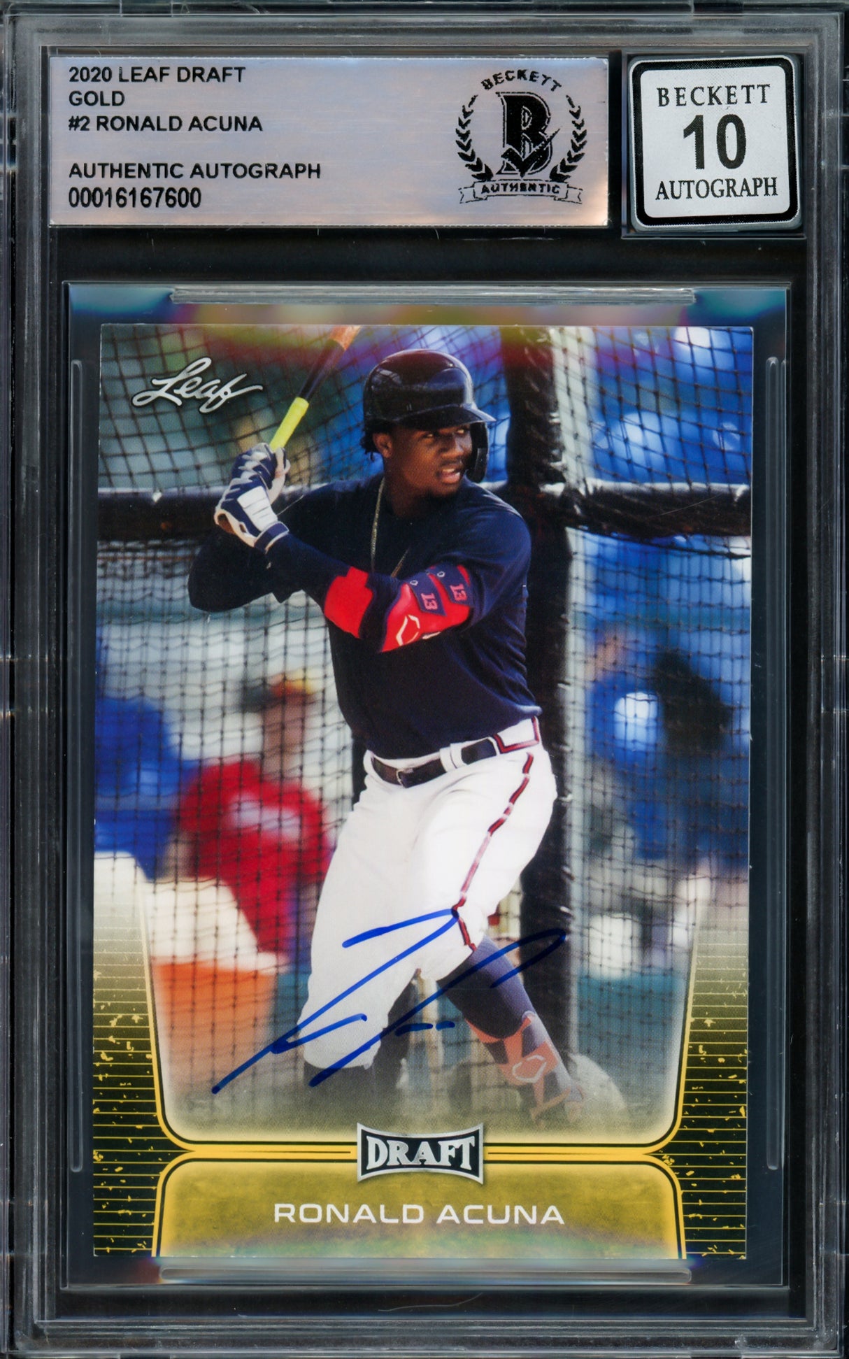 Ronald Acuna Jr. Autographed 2020 Leaf Draft Gold Card #2 Atlanta Braves Auto Grade Gem Mint 10 Beckett BAS #16167600