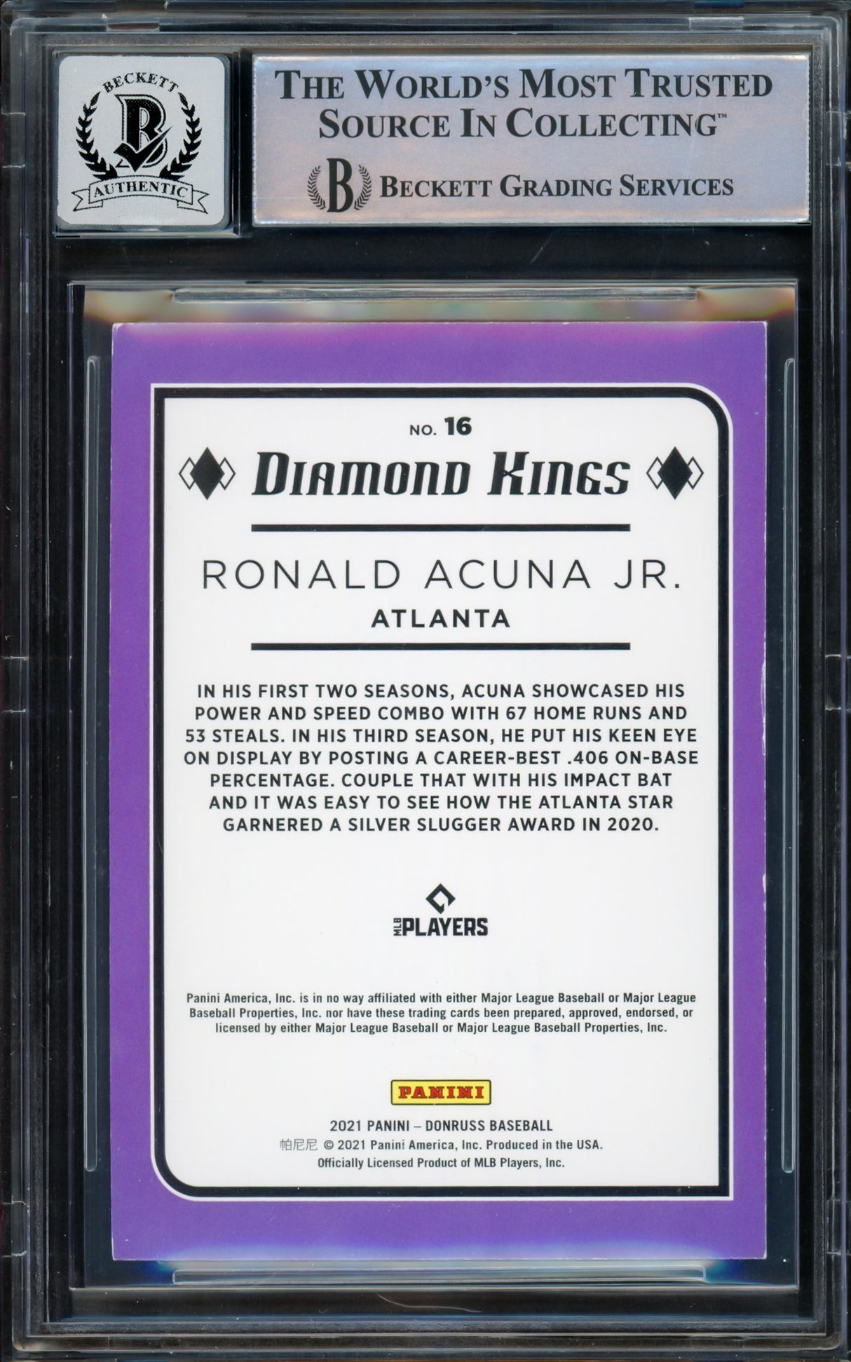 Ronald Acuna Jr. Autographed 2021 Donruss Diamond Kings Card #16 Atlanta Braves Auto Grade Gem Mint 10 Beckett BAS #16167609