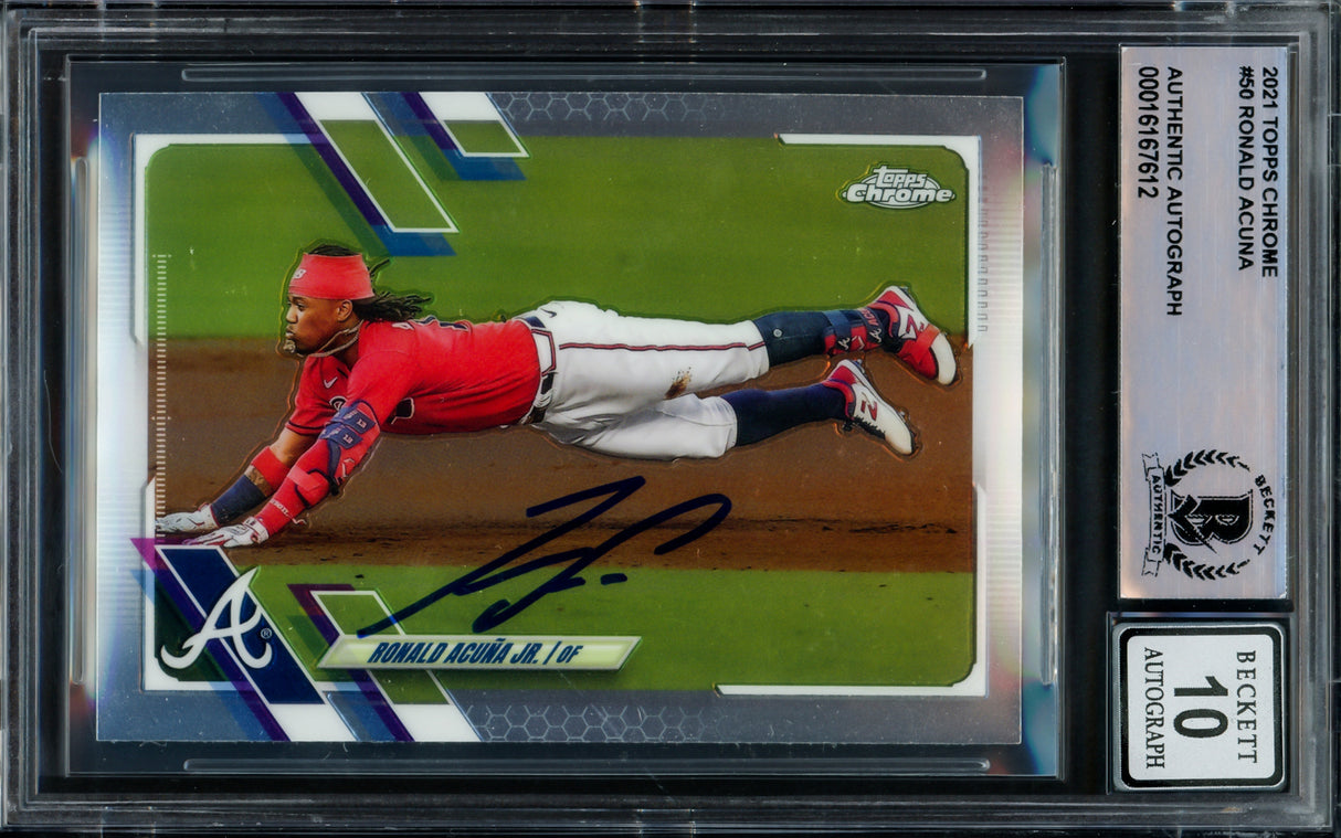 Ronald Acuna Jr. Autographed 2021 Topps Chrome Card #50 Atlanta Braves Auto Grade Gem Mint 10 Beckett BAS #16167612