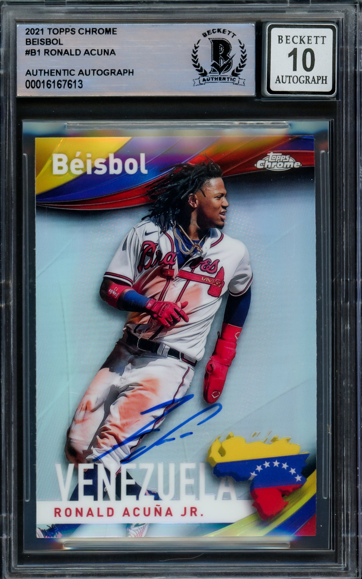 Ronald Acuna Jr. Autographed 2021 Topps Chrome Beisbol Card #B-1 Atlanta Braves Auto Grade Gem Mint 10 Beckett BAS #16167613