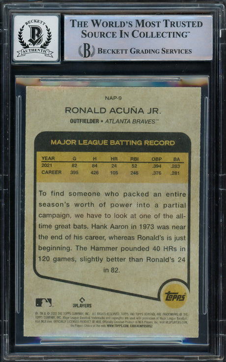 Ronald Acuna Jr. Autographed 2022 Topps Heritage New Age Performers Card #NAP-9 Atlanta Braves Auto Grade Gem Mint 10 Beckett BAS #16167626